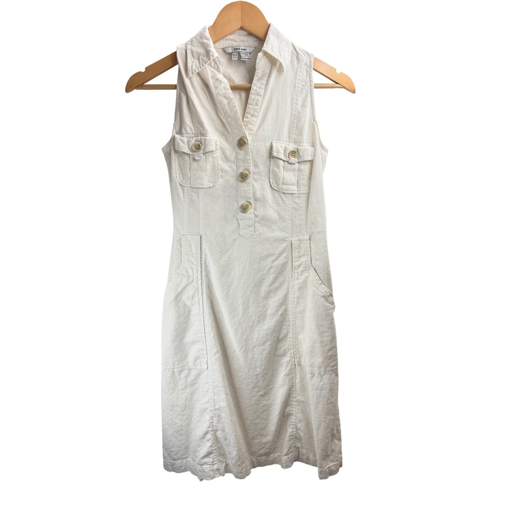 Zara Basic Womens Cream Linen Blend‎ Sleeveless Safari Utility Mini Dress Size M